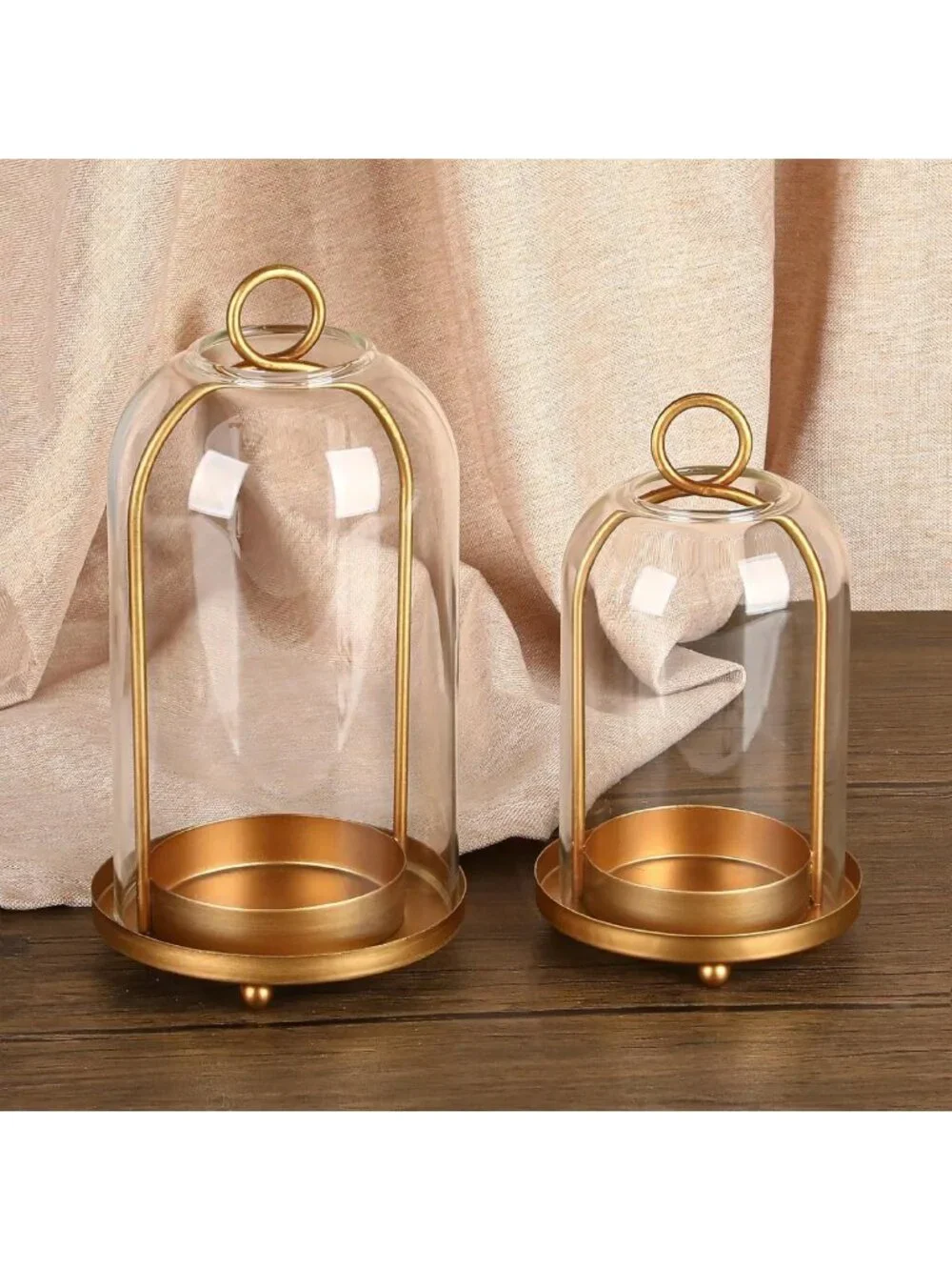 Set of 2 Vintage Brass Candle Lanterns with Thick Glass Dome - Home Decor Accent